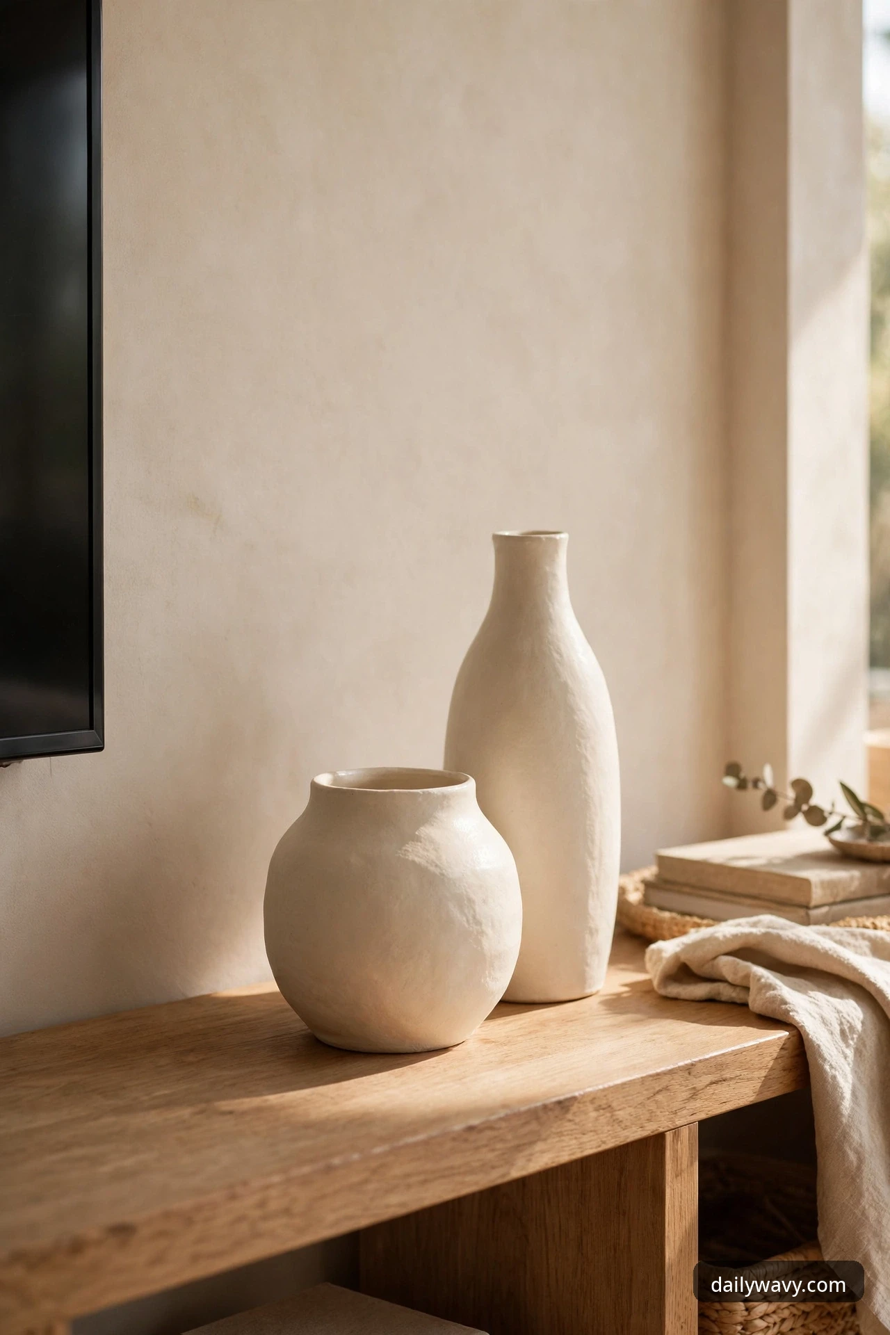 Pair of small matte cream ceramic vessels of different heights on a TV console