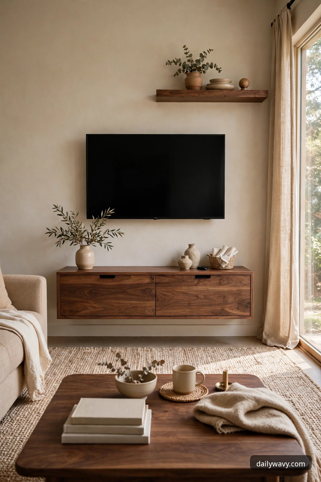 Walnut TV console with matching walnut coffee table and floating shelf in a living room