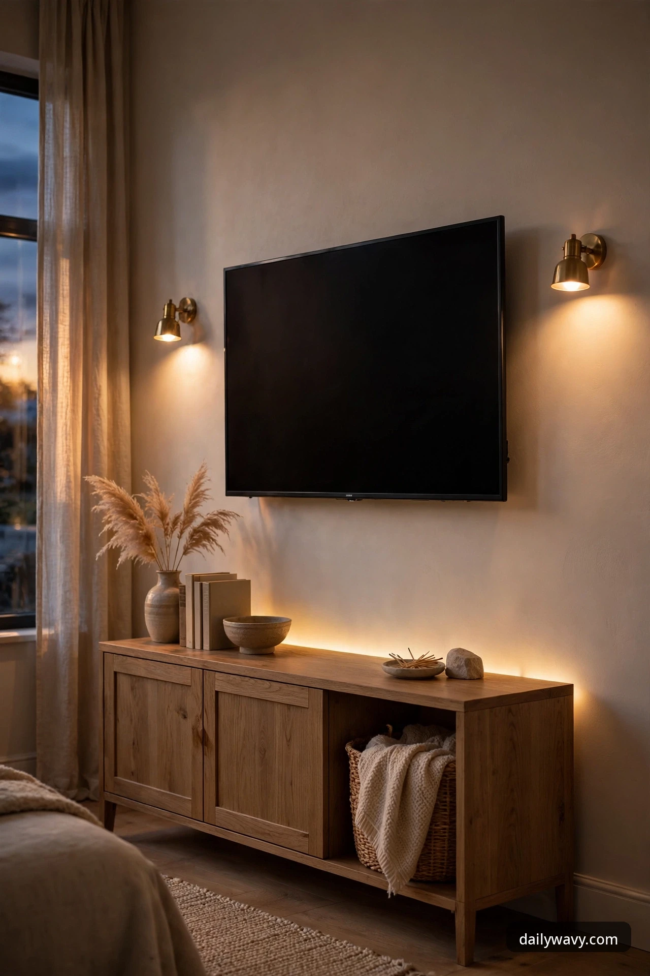 Evening TV wall with warm side picture lights and a soft glow behind the console, no screen glare