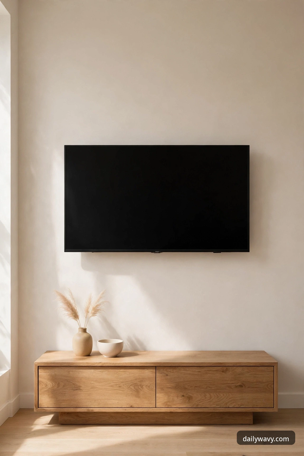Minimalist TV wall with a wide blank border of plain wall around the screen and a nearly empty console