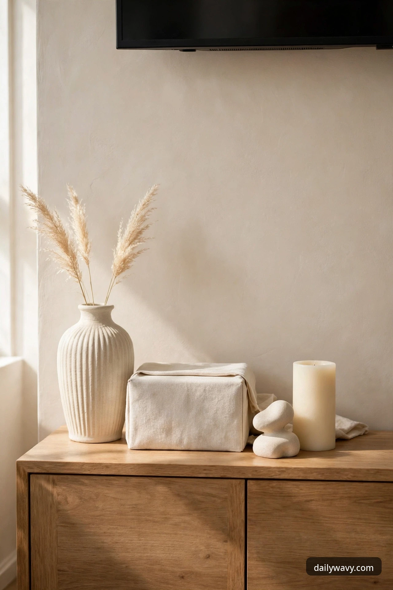 Monochrome grouping of cream and white decor objects at varied heights on a TV console