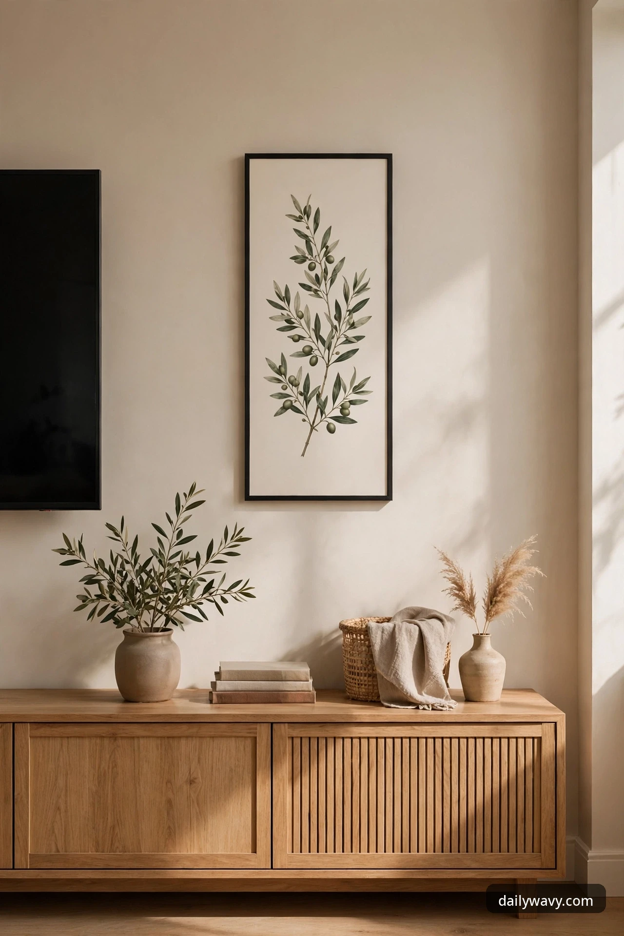 Slim vertical botanical art print in a thin black frame hanging beside a wall-mounted TV