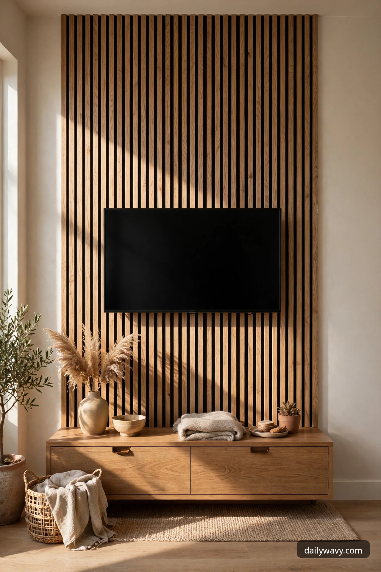 TV mounted on a textured vertical wood slat wall with a matching wooden console below