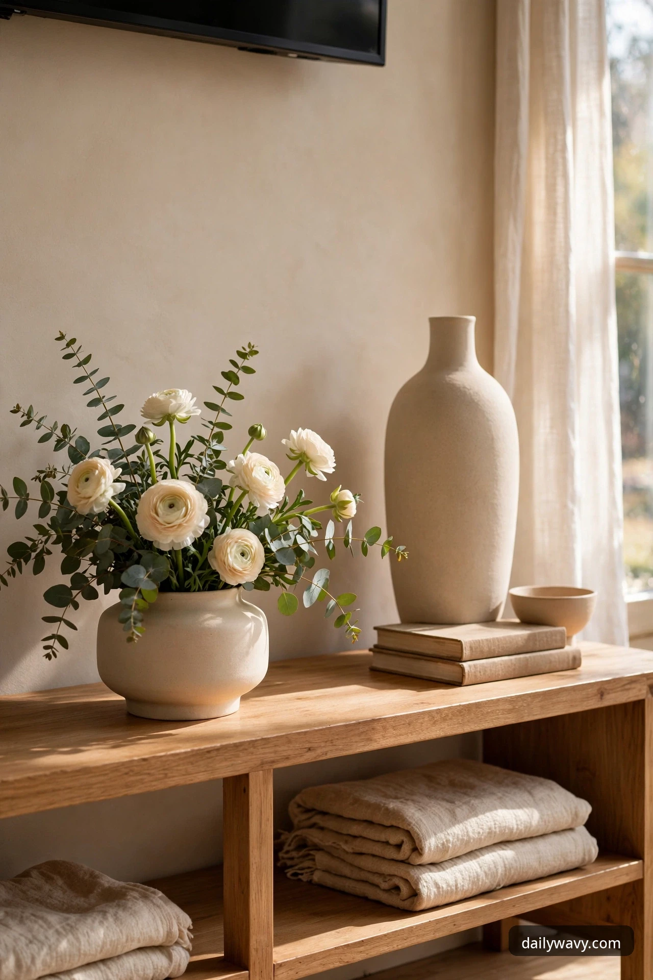 Low arrangement of fresh eucalyptus and ranunculus in a squat ceramic vase on a TV console