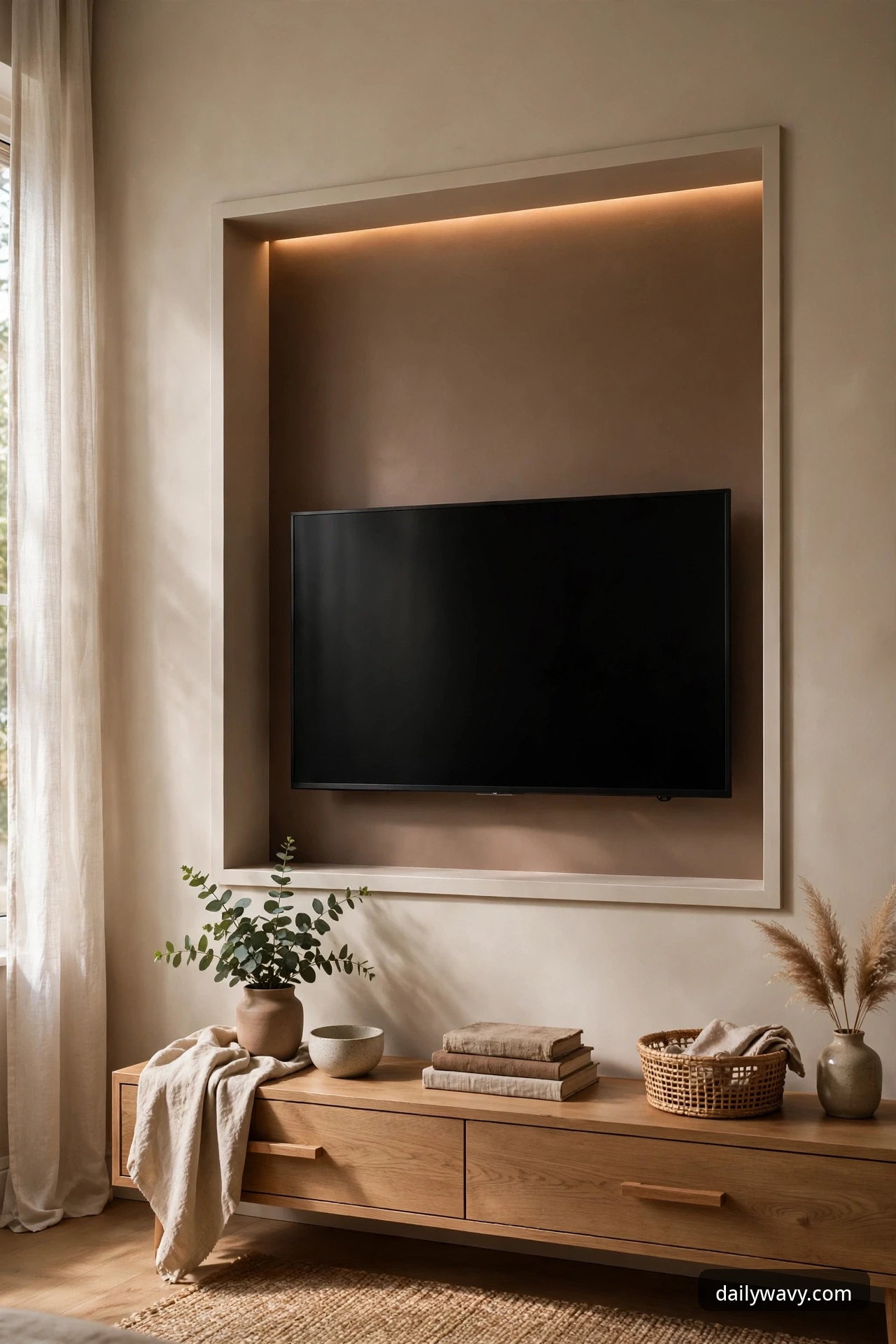 TV set inside a slim painted trim frame creating a recessed niche effect with a soft LED glow