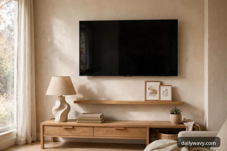 TV wall with a wooden console, shallow ledge with leaning prints, sculptural lamp, books and a plant in warm neutral living room