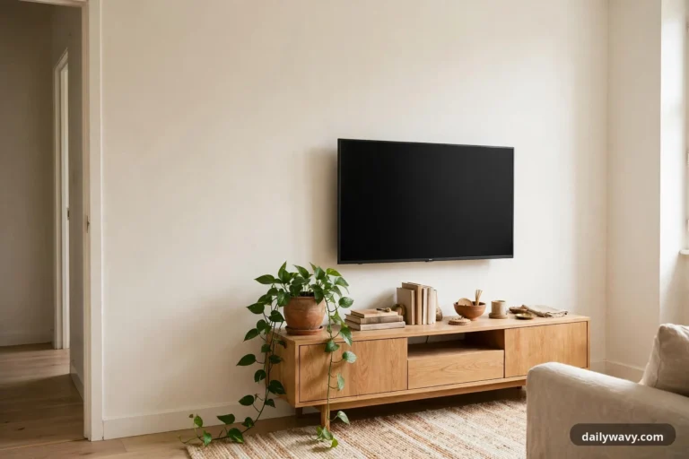 A wide view of a small apartment living room shows a large flat-screen TV wall-mounted on a cream wall above a low light oak console with books, a wooden bowl, and small dishes on top, a pothos in a terracotta pot trailing from the console down to the floor, and the arm of a beige chair over a woven rug in the foreground.