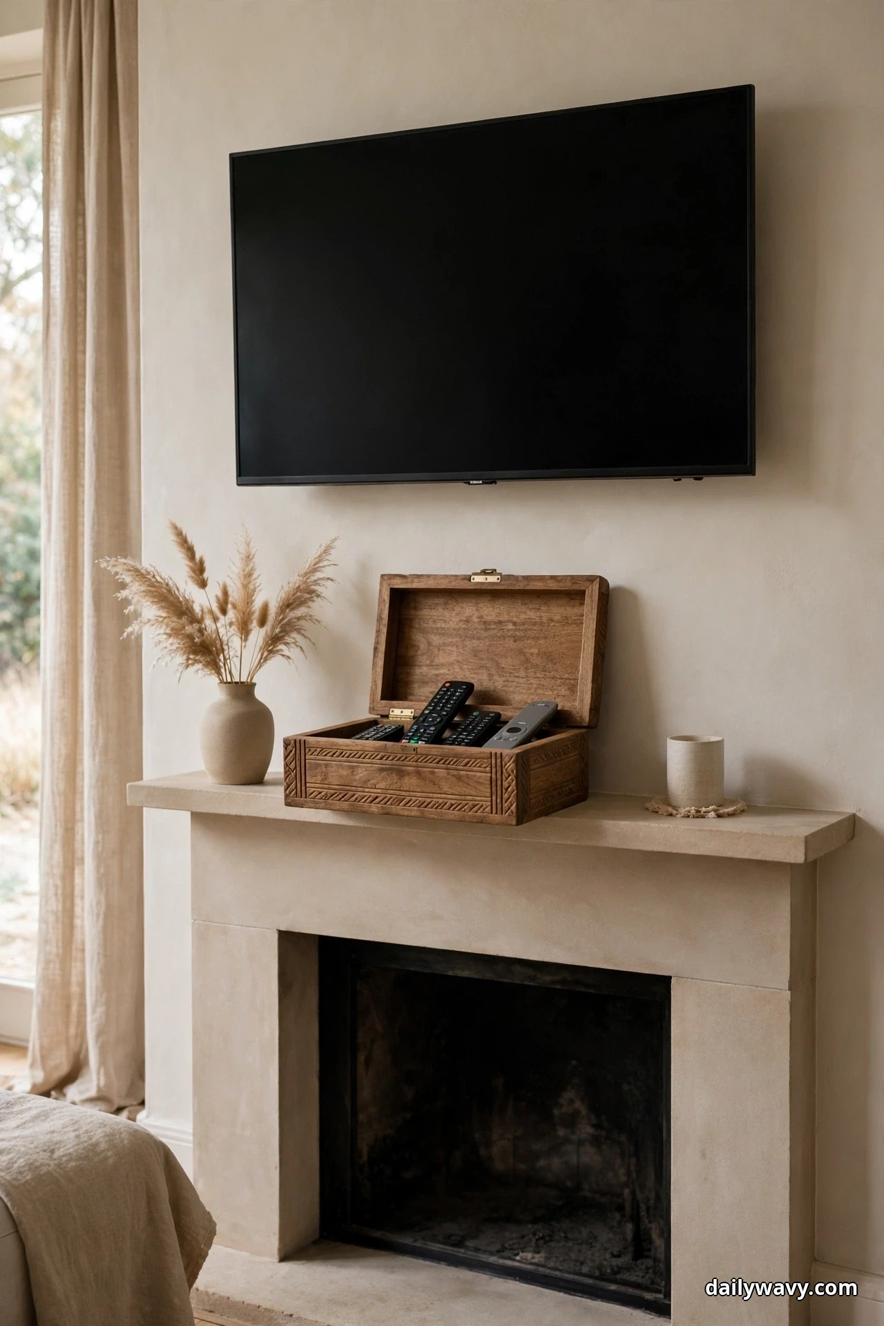 An open carved wooden box holding remote controls sits on a stone mantel below a wall-mounted TV, beside a ceramic vase of pampas grass