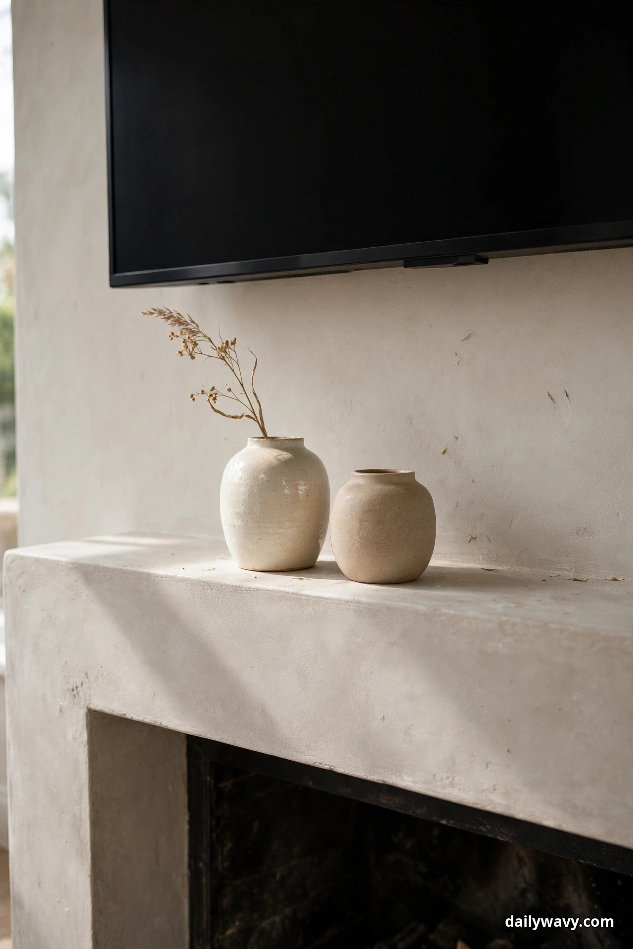 A closer view shows two ceramic vessels of different heights on a pale stone mantel under the lower edge of a TV, the taller one holding a single dried stem