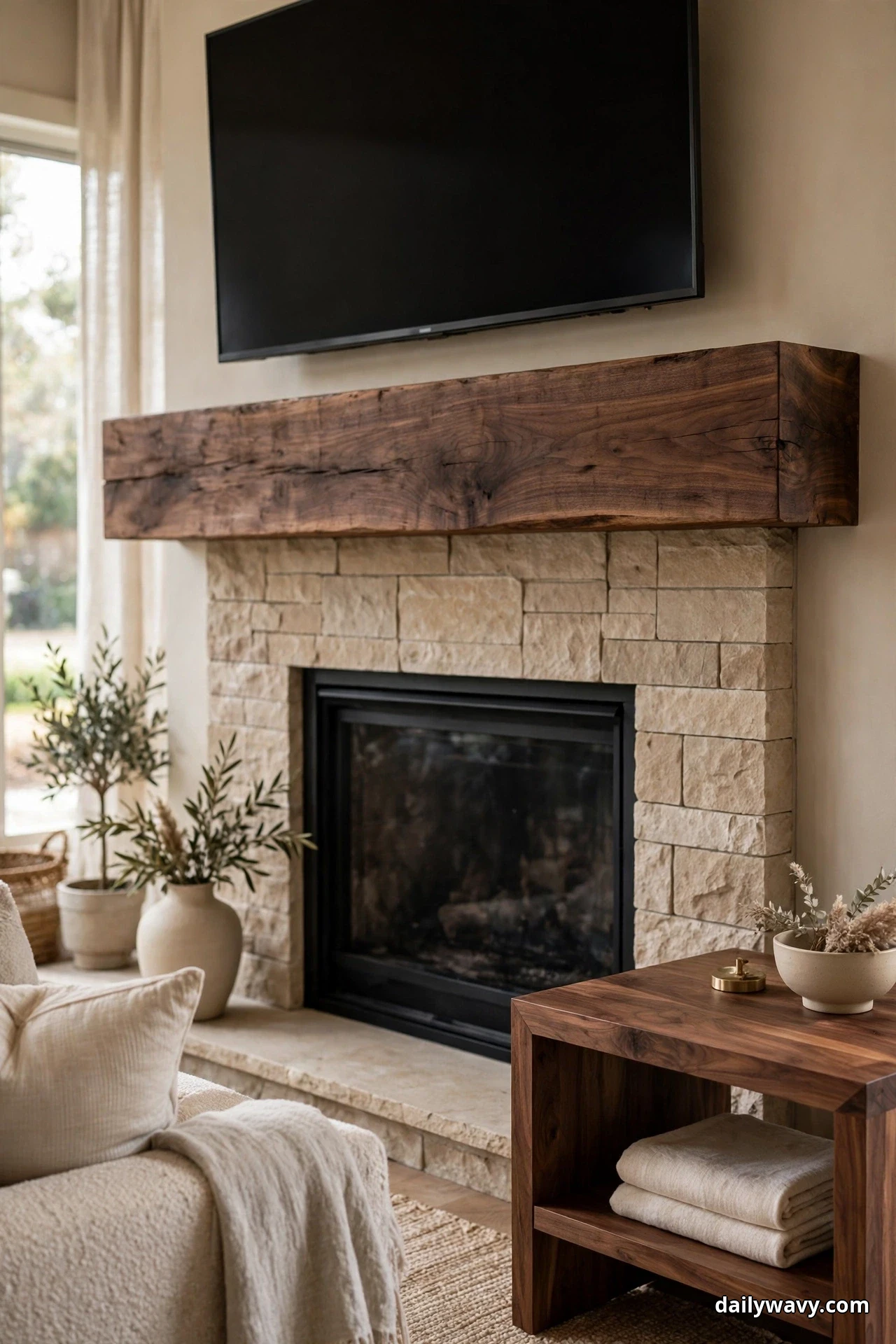 A thick dark walnut mantel beam spans a stacked-stone fireplace below a wall-mounted TV, its finish repeated in the walnut side table standing beside the hearth