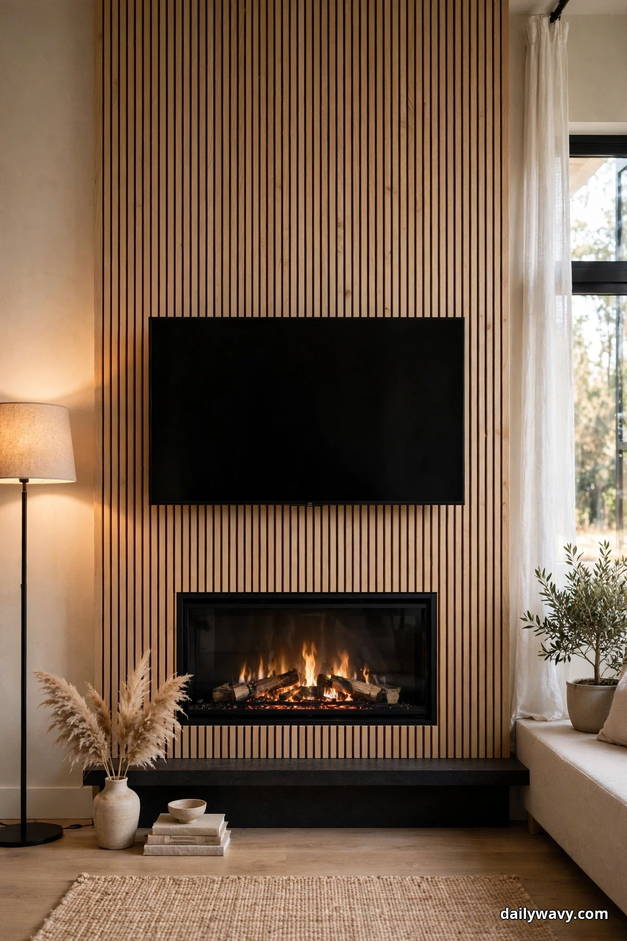 A lit floor lamp with a fabric shade washes warm light up the wall beside a TV mounted above a wide linear fireplace