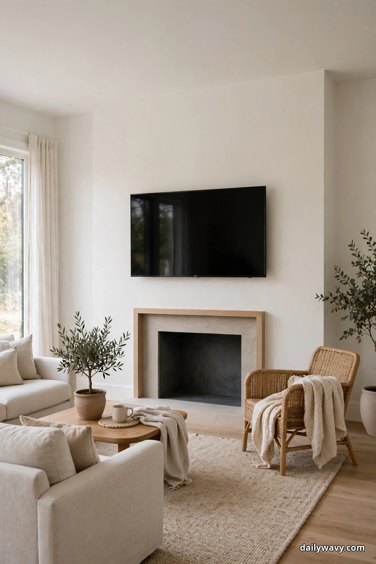 A wall-mounted TV hangs with a generous border of blank wall on every side above a low fireplace in a calm, pale living room