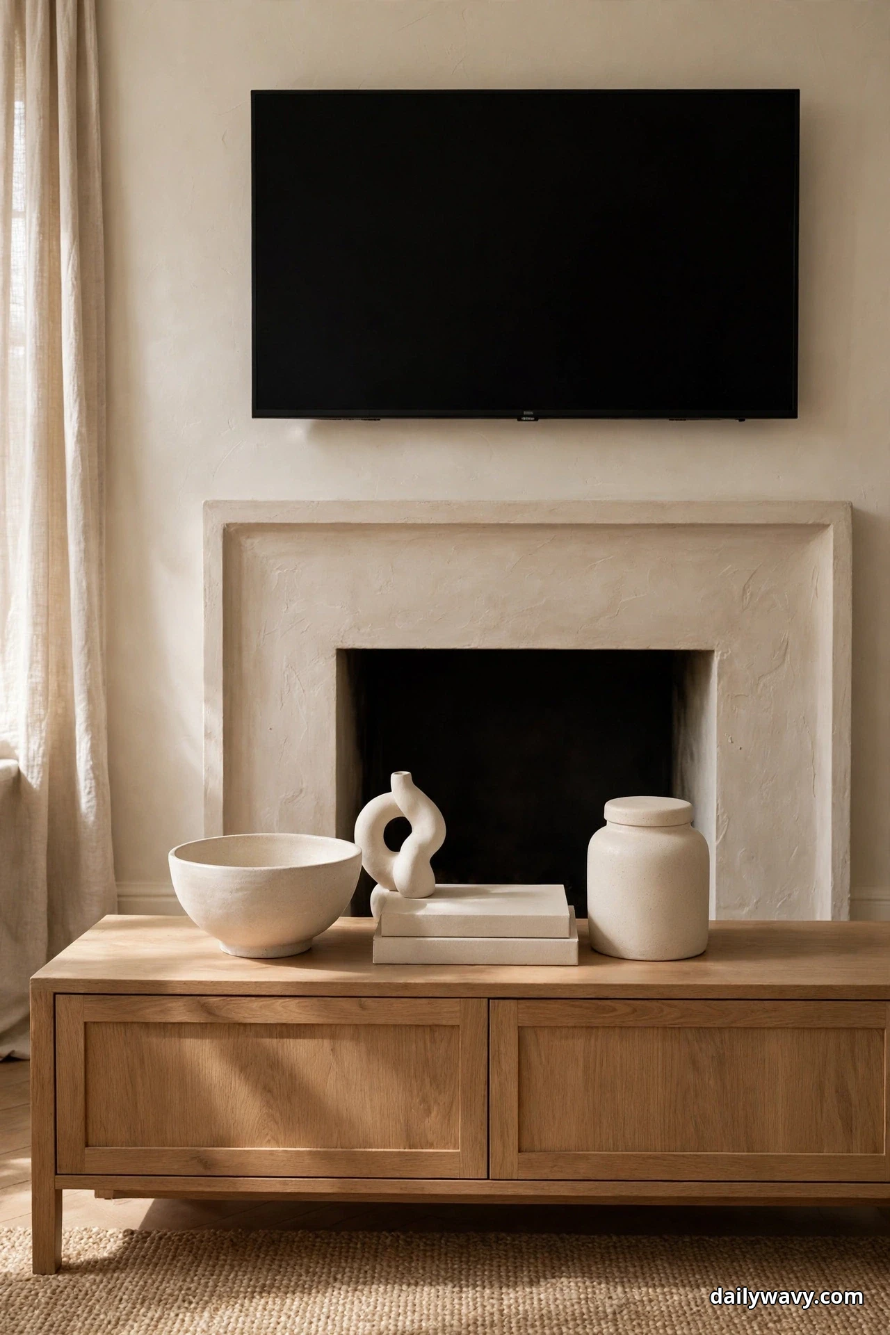 A monochrome cluster of cream ceramics, a wide bowl, a sculptural vase resting on plain-covered books, and a lidded jar, sits on a low oak console below a TV