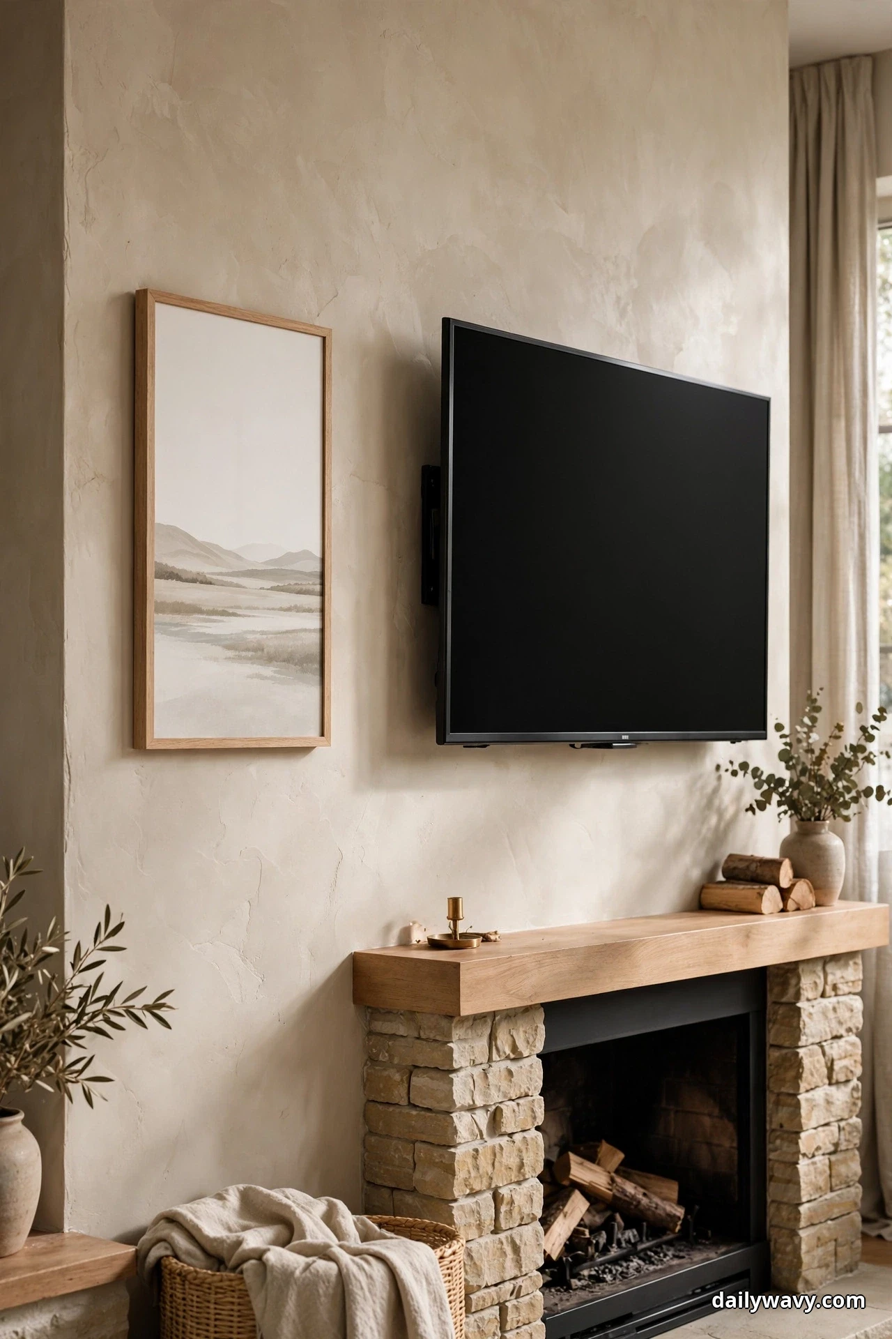 A slim vertical landscape print in a light oak frame hangs on the wall beside a TV mounted above a stone fireplace with a wooden mantel