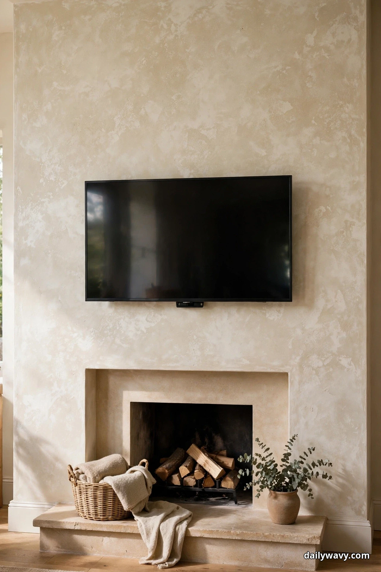 A TV hangs on a mottled limewash plaster wall above a fireplace, the textured finish carrying the wall around the screen