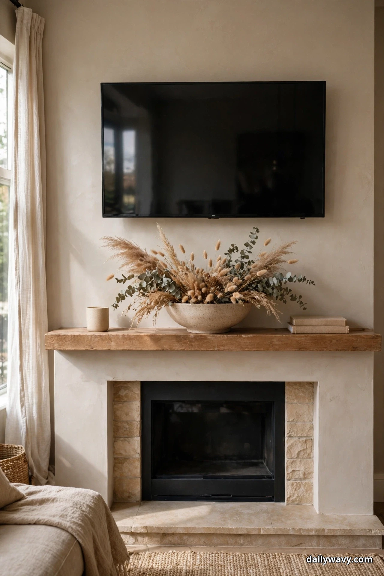 A wide stoneware bowl of dried pampas grass, bunny tails, and eucalyptus spreads across a wooden mantel directly under the TV