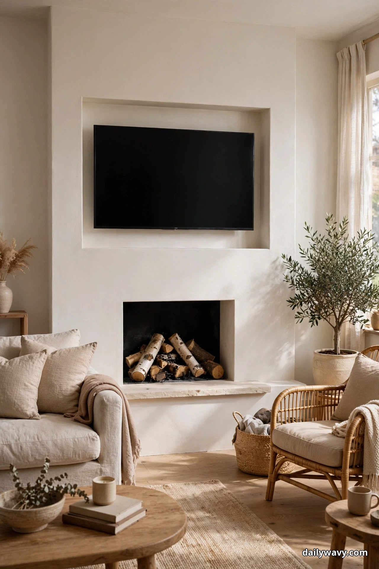 A TV sits inside a shallow recessed niche in a white plaster wall above a fireplace stacked with birch logs, the reveal framing the screen