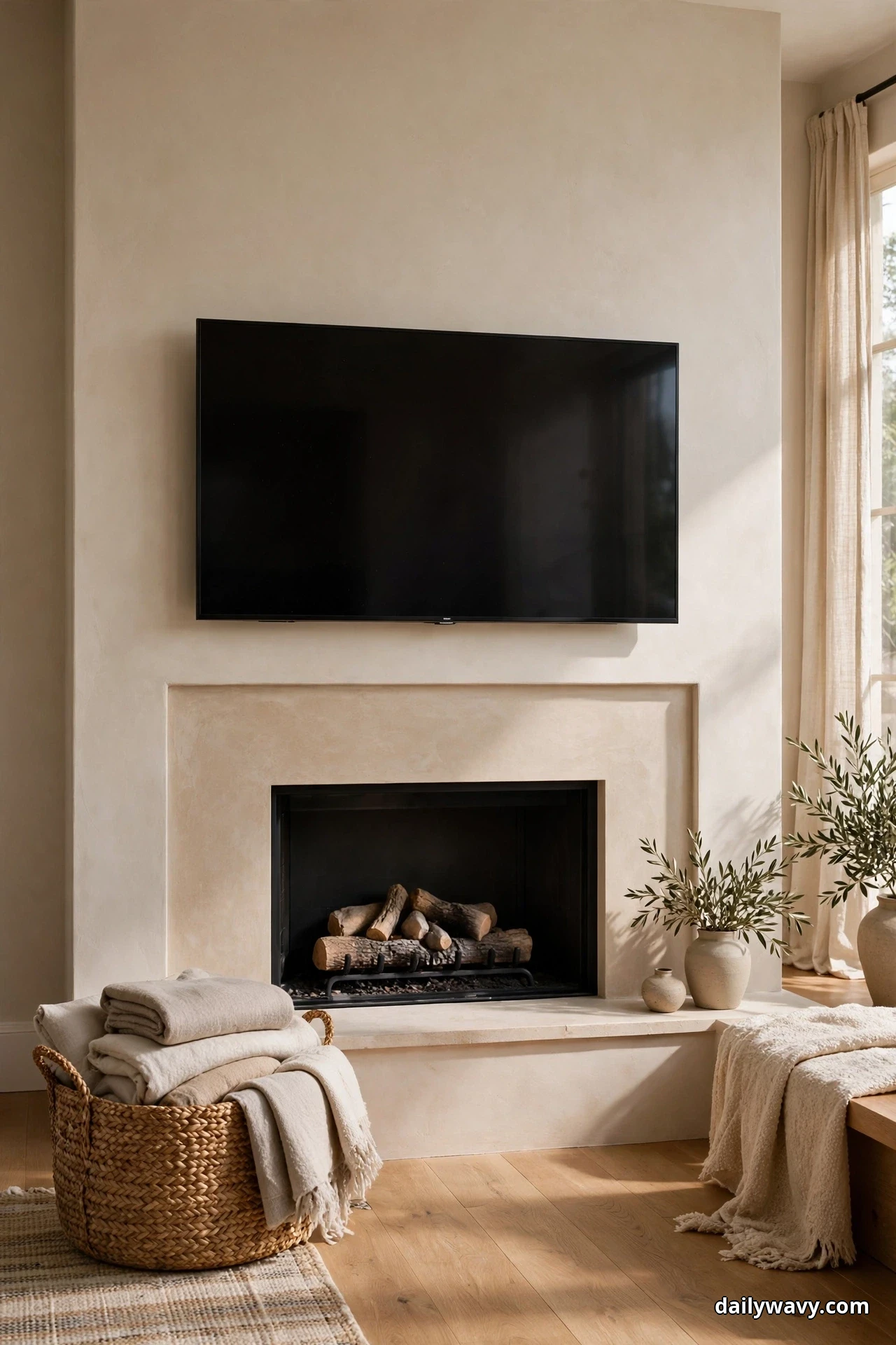 A woven seagrass basket heaped with folded cream blankets stands on the floor beside a fireplace below a wall-mounted TV