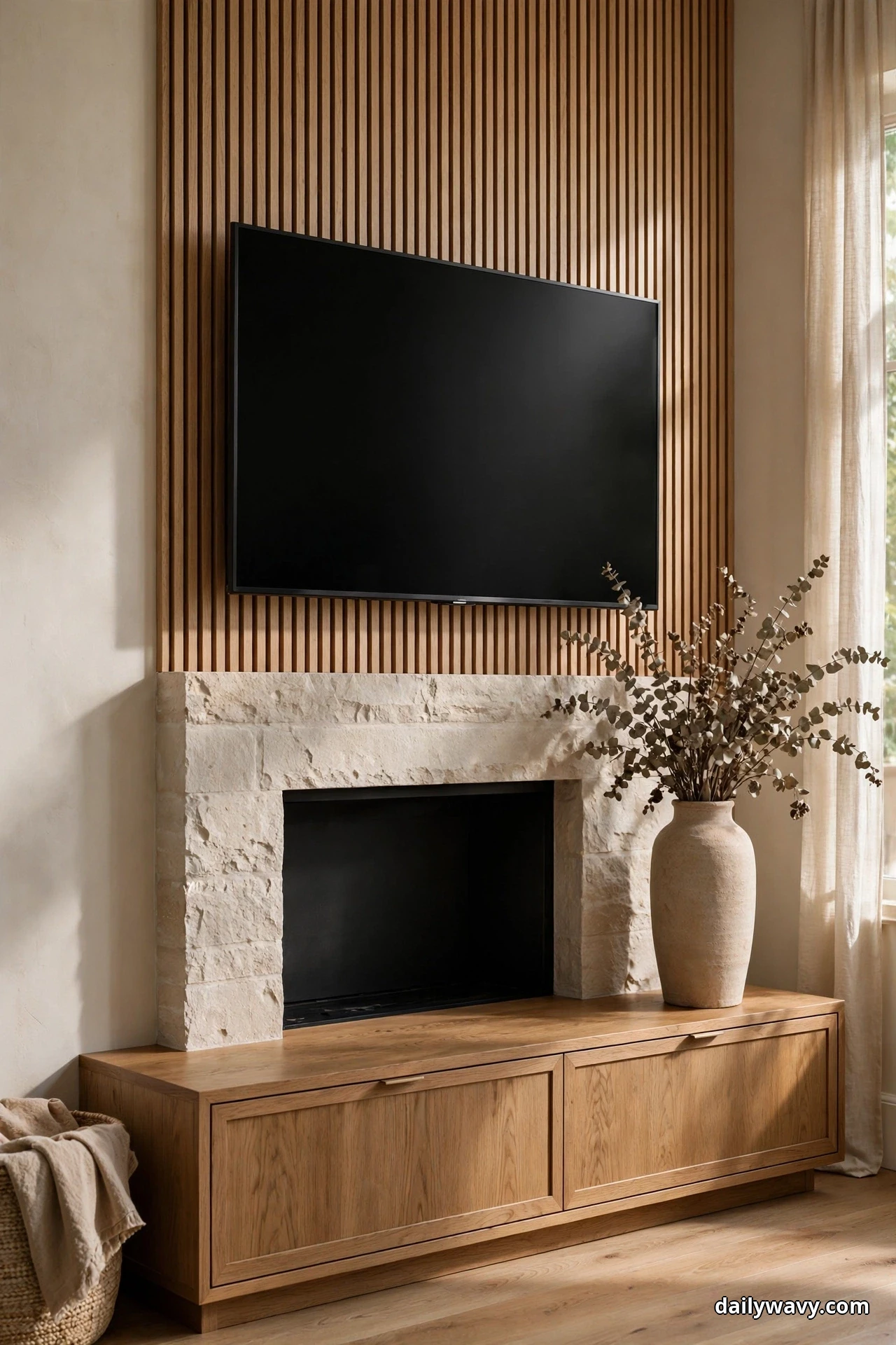 A low oak console with closed doors runs beneath a stone fireplace, one tall stoneware vase of eucalyptus branches standing on its top below the TV