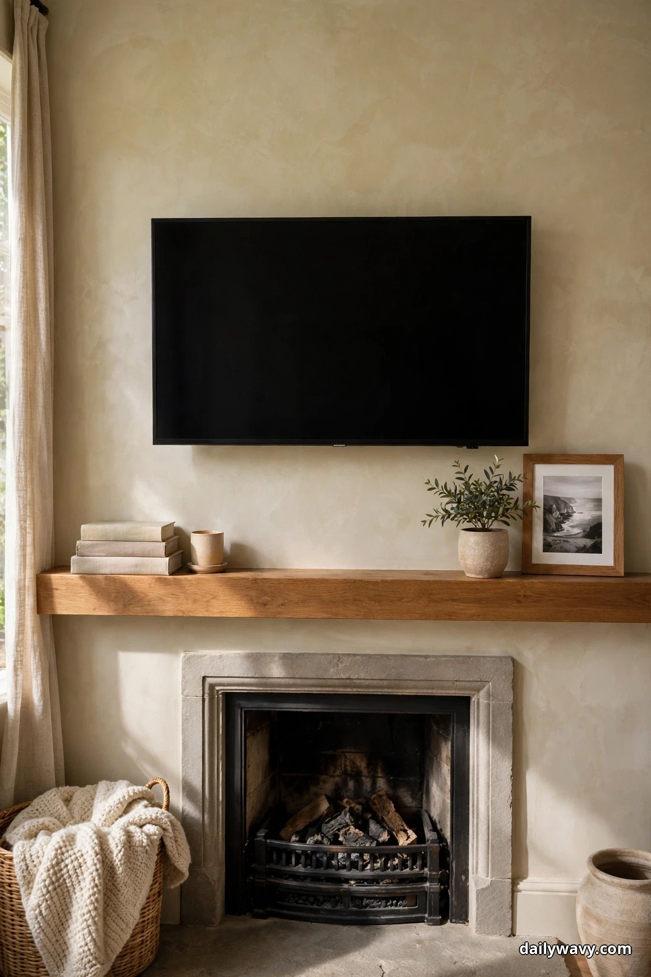 Balanced groups flank a wooden mantel under a TV, stacked books and a candle on the left and a small potted plant with a framed photograph on the right