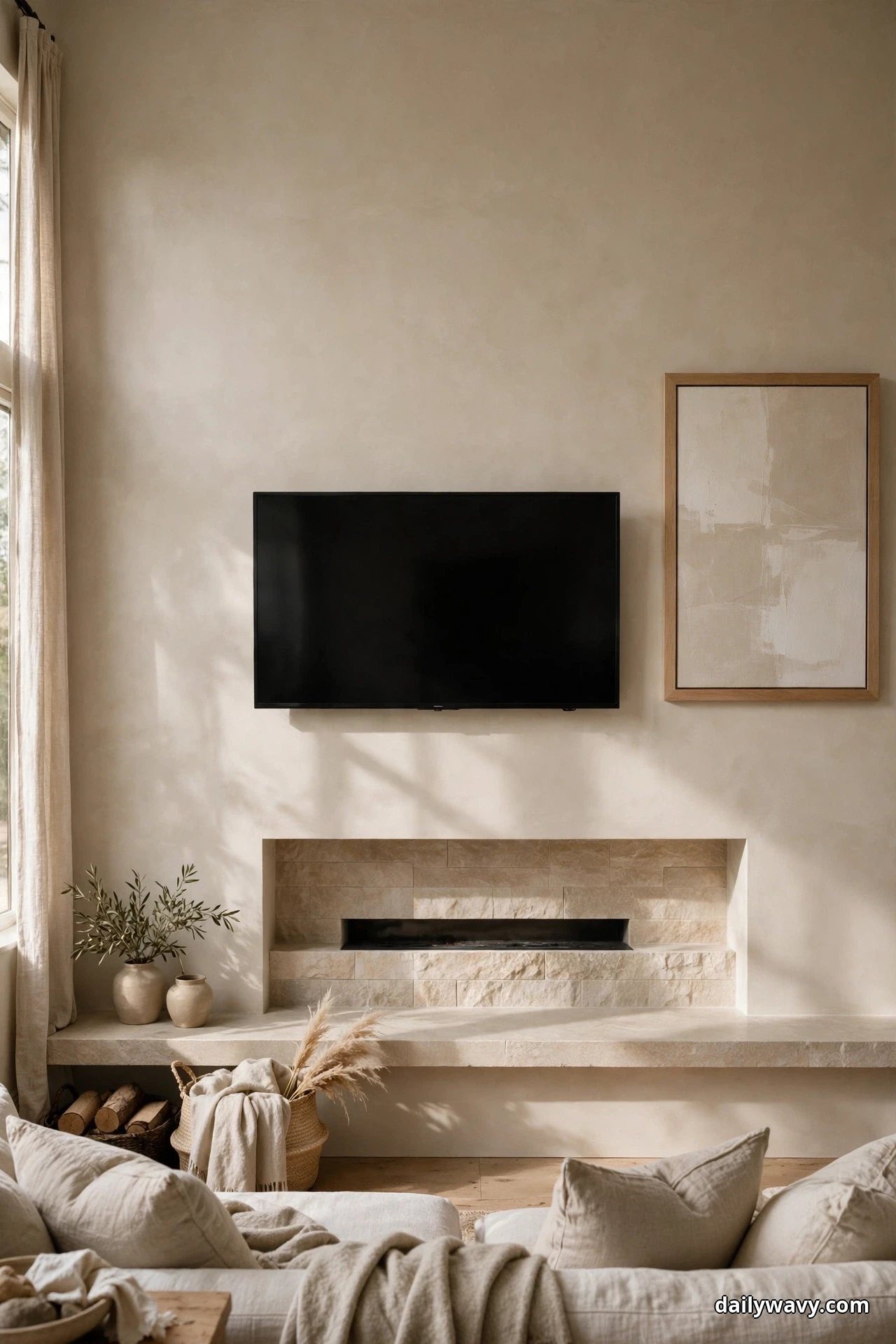 One large abstract print in a slim oak frame hangs off center beside a TV above a wide, low stone fireplace, leaving the rest of the wall bare