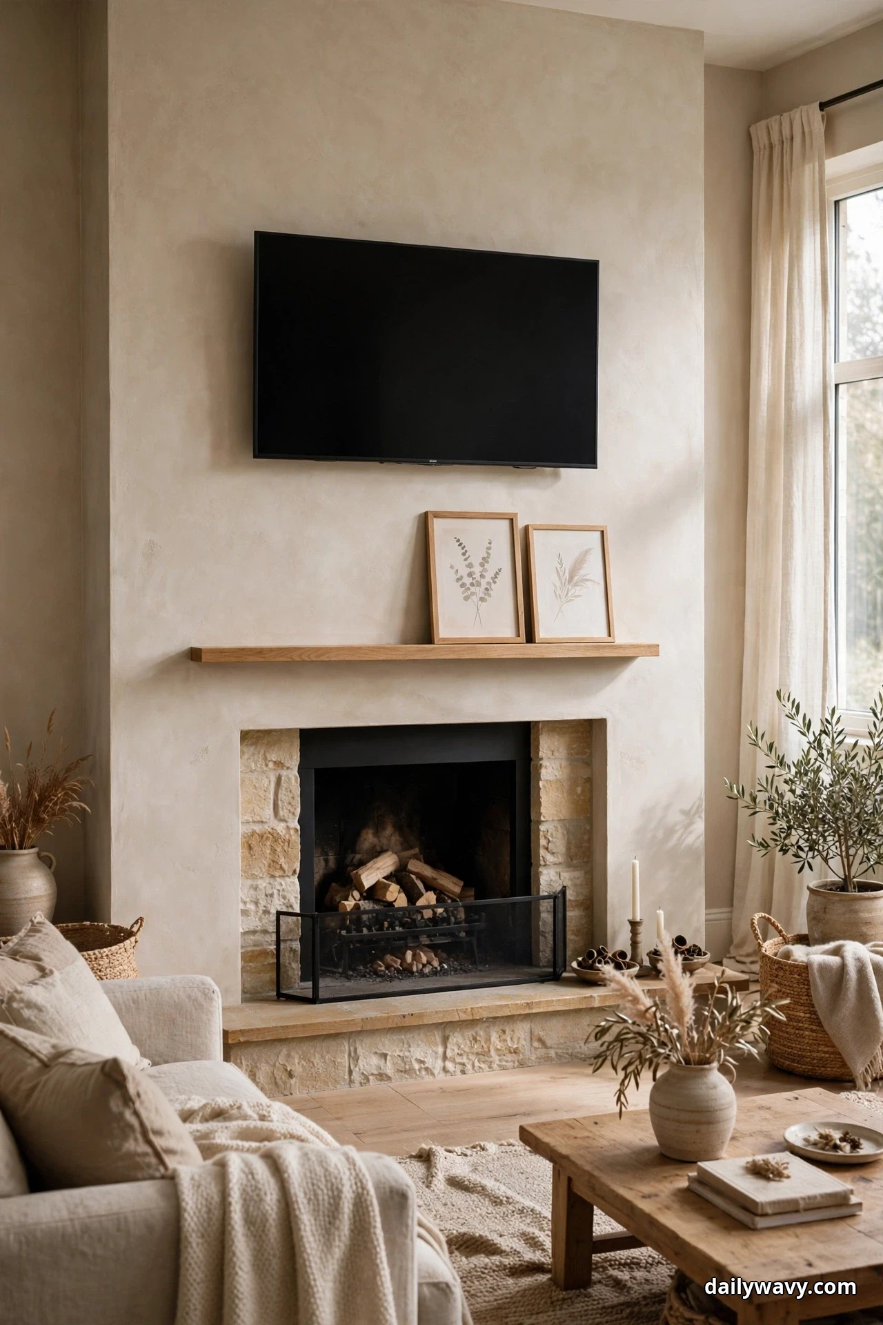 A shallow wooden ledge mounted between the TV and a stone fireplace holds two small framed botanical prints leaning against the wall