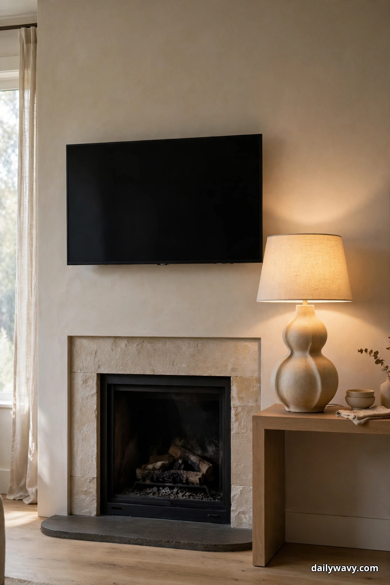A lit sculptural ceramic gourd lamp with a fabric shade glows on a wooden side table beside the TV, washing warm light up the wall