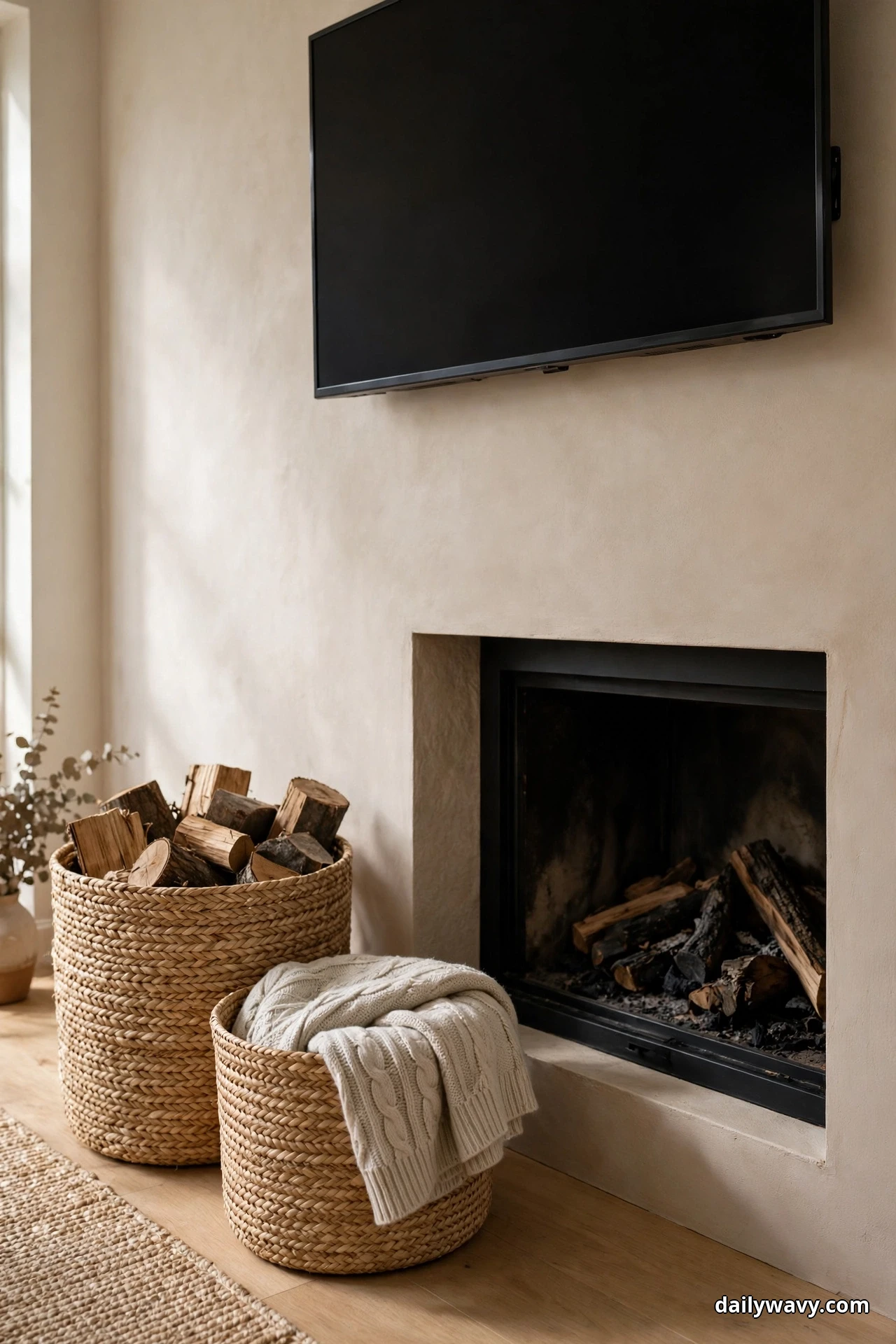Two woven seagrass baskets stand grouped at one side of a fireplace below a TV, the taller one holding firewood and the smaller one a cream knitted throw