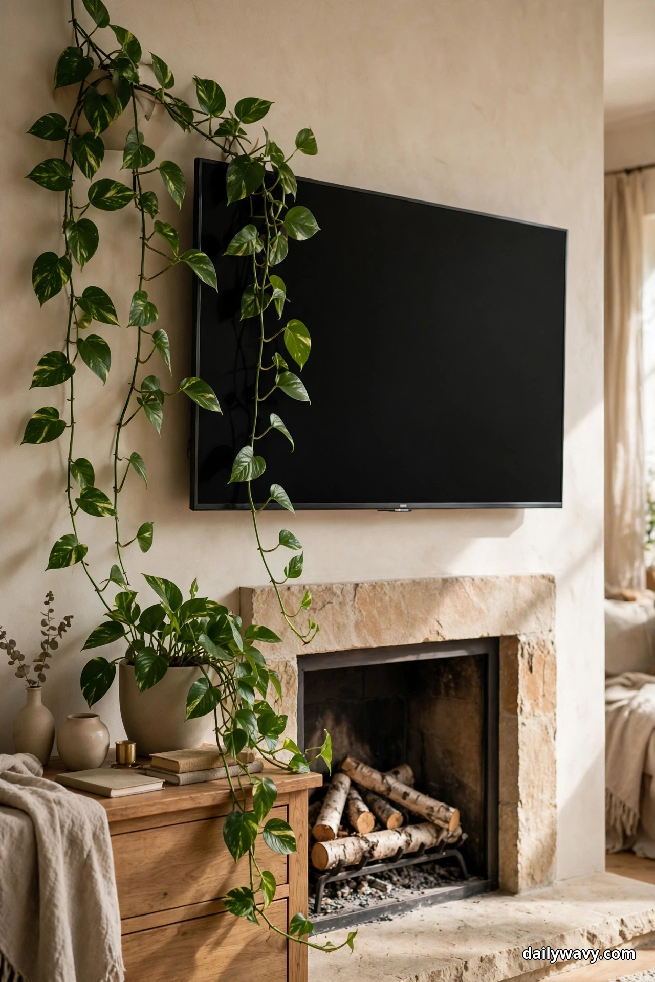 A potted pothos on a wooden console sends long green trails down the wall beside a TV mounted above a stone fireplace