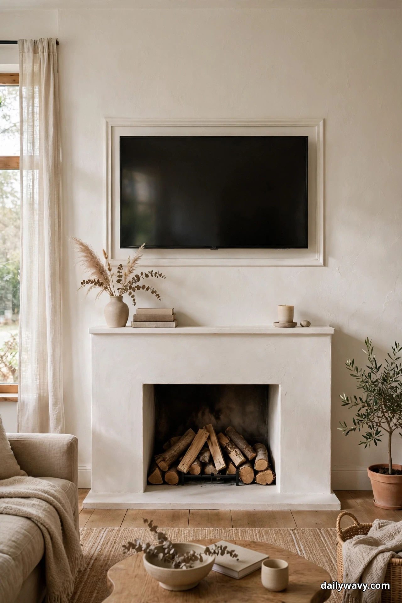 A slim picture frame in the wall's own cream tone surrounds the TV above a white plaster fireplace, making the screen read as a dark canvas