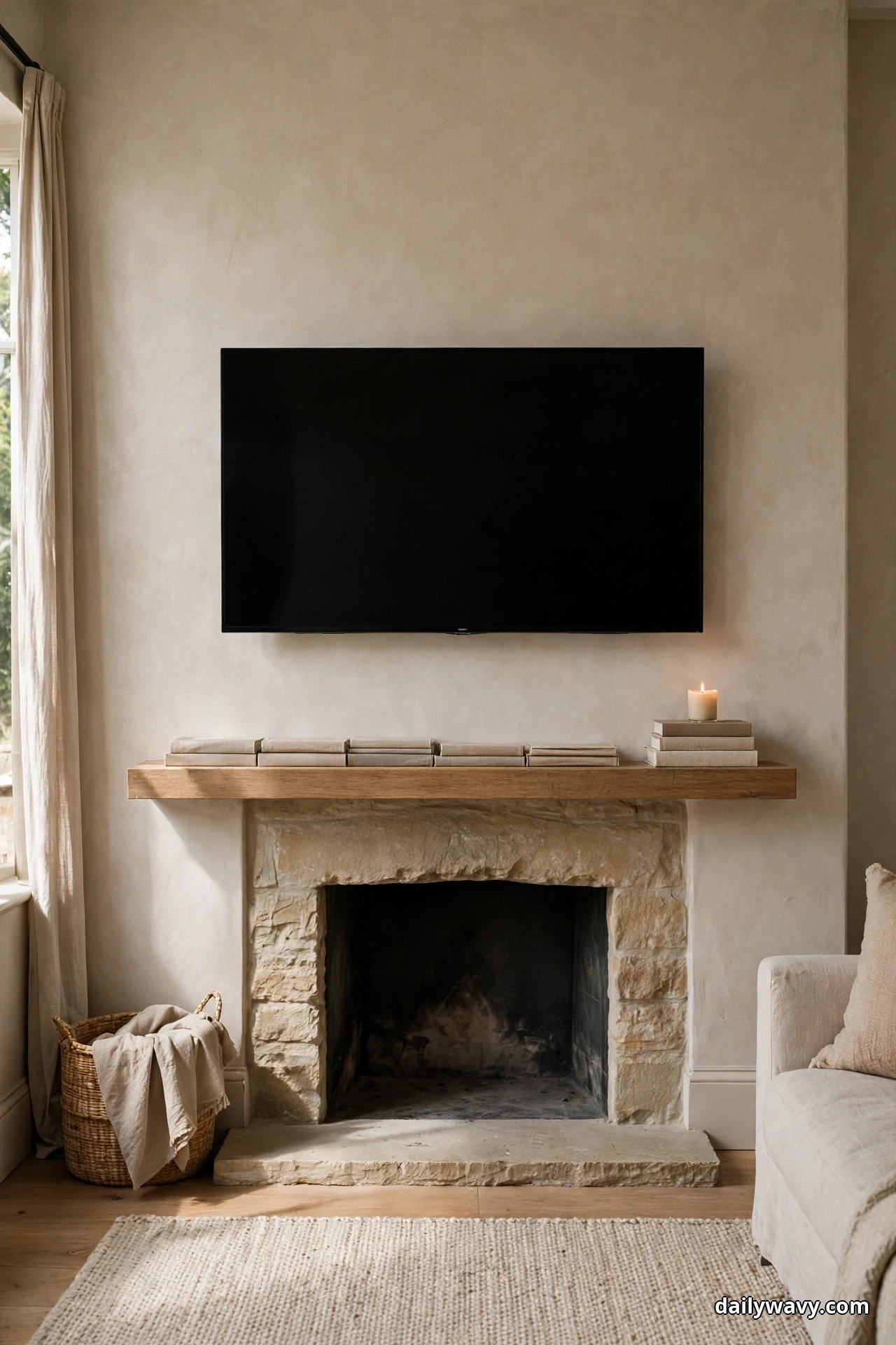 A low row of neutral-covered books lies flat along a wooden mantel shelf under the TV, ending in a small stack topped with a lit candle