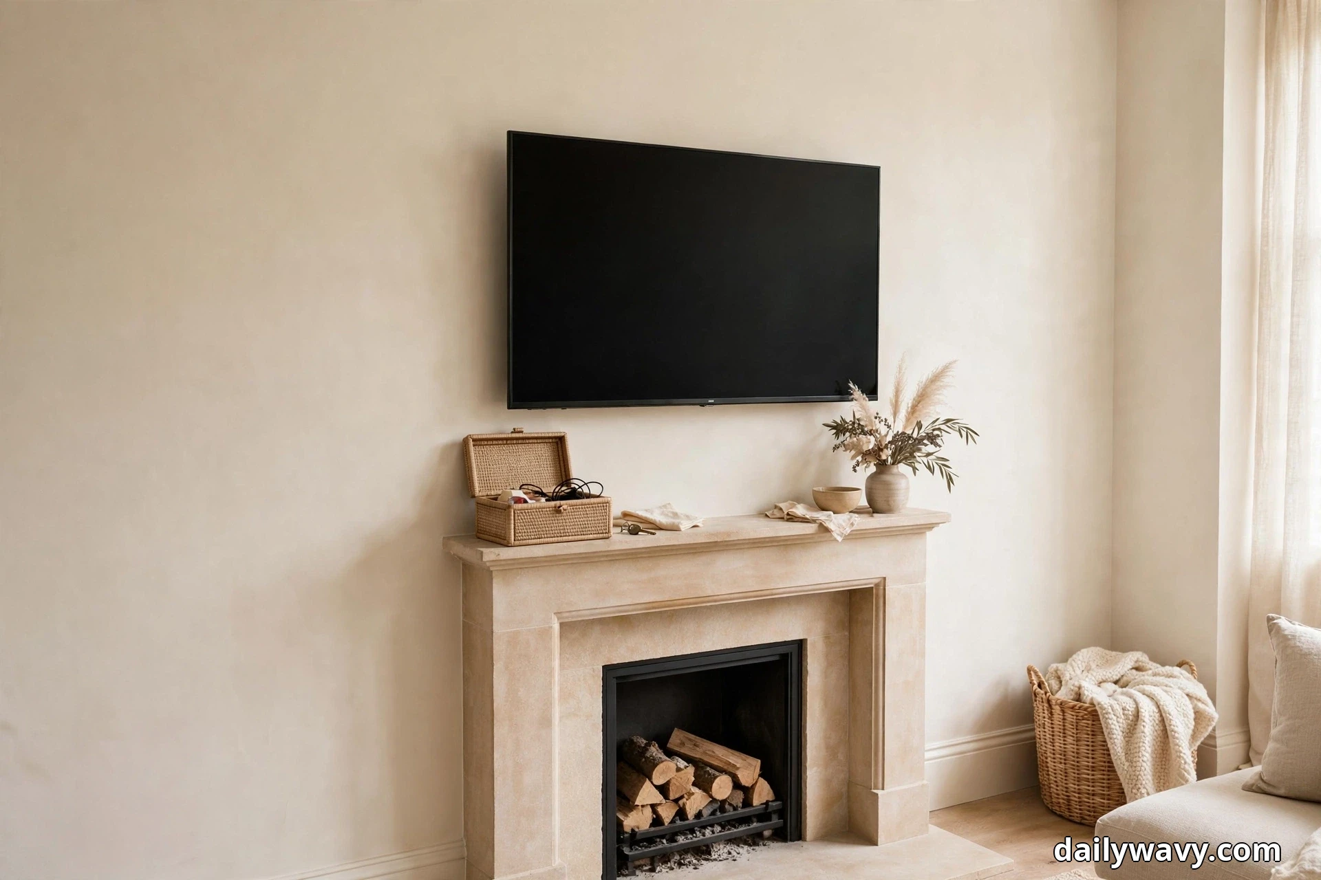 A wide view shows a wall-mounted TV above a cream stone fireplace with logs in the firebox, an open woven box holding cables and small accessories on the mantel, and a wicker basket with a cream knitted throw on the floor beside it