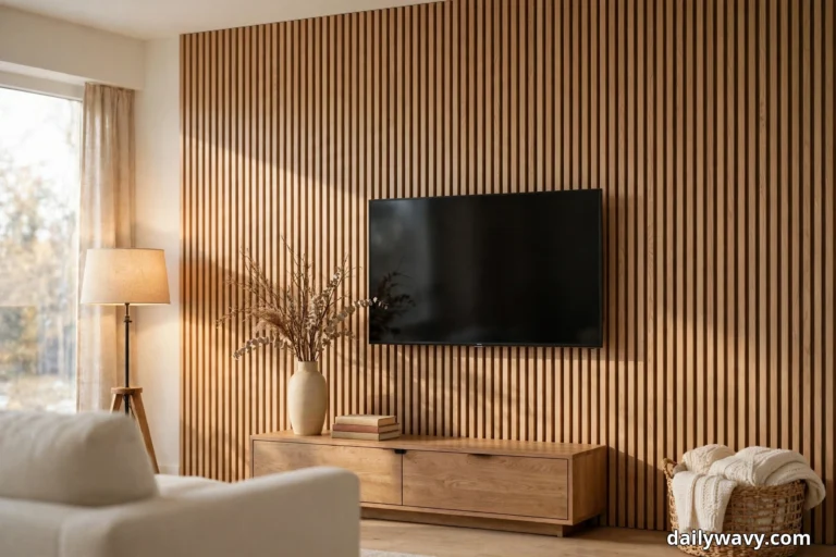 A living room TV wall of warm oak wood slats runs floor to ceiling behind a mounted TV and a low oak console holding a tall vase of dried branches and a stack of books, with a floor lamp by the window at the left and a woven basket of cream throws at the right