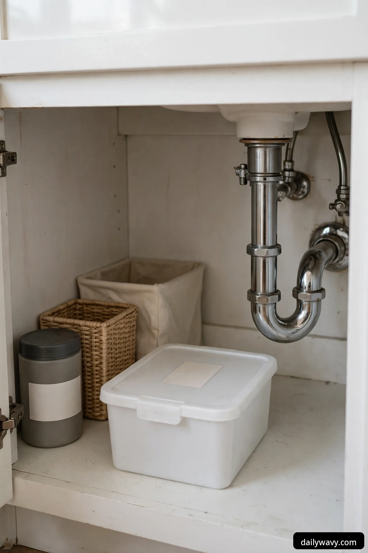A white lidded plastic container with a blank label panel beside a woven basket and a fabric bin under a bathroom sink trap.