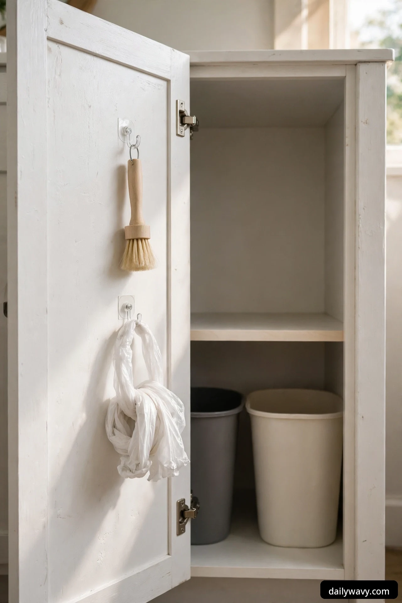 Two clear adhesive hooks on the inside of a white cabinet door holding a wooden-handled cleaning brush and a white plastic bag, with two bins stored in the cabinet behind the door.