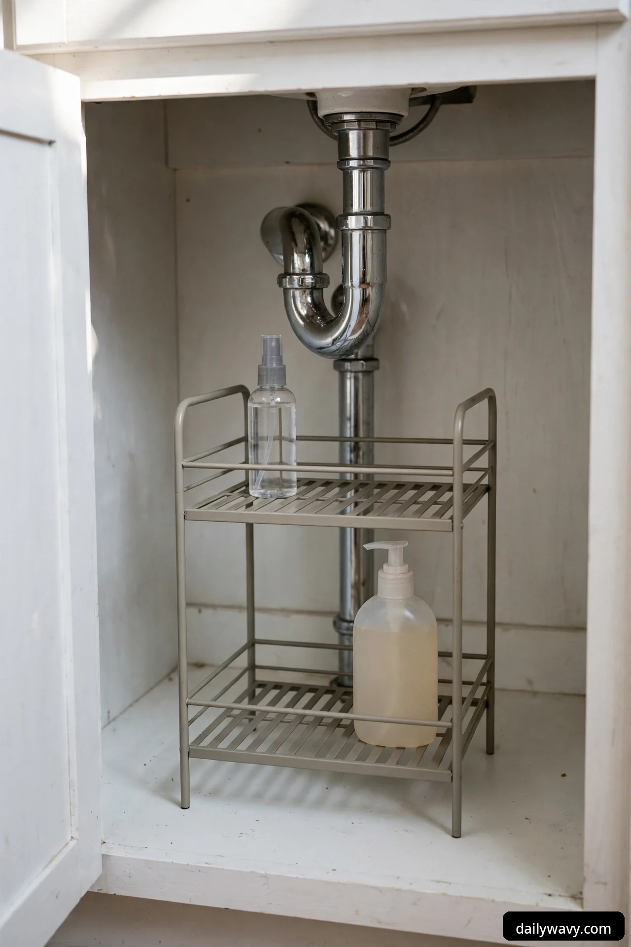 A gray two-tier open metal organizer with slatted shelves holding a clear spray bottle and a frosted pump bottle, standing under the chrome drain trap of a bathroom sink.