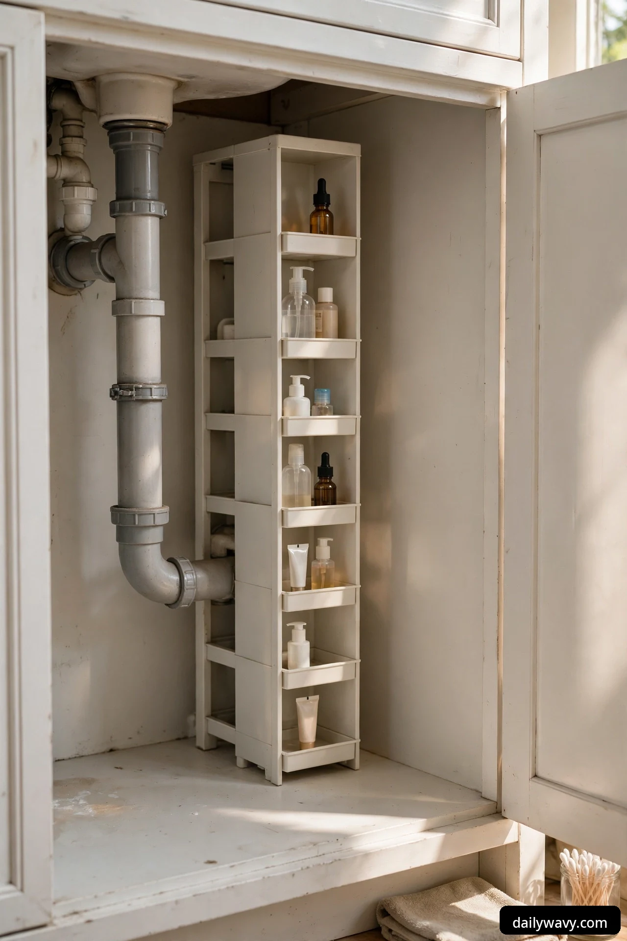A tall narrow white vertical shelf tower with seven small shelves holding pump bottles, tubes and dropper bottles, tucked beside the gray PVC drain pipe inside an under-sink cabinet.