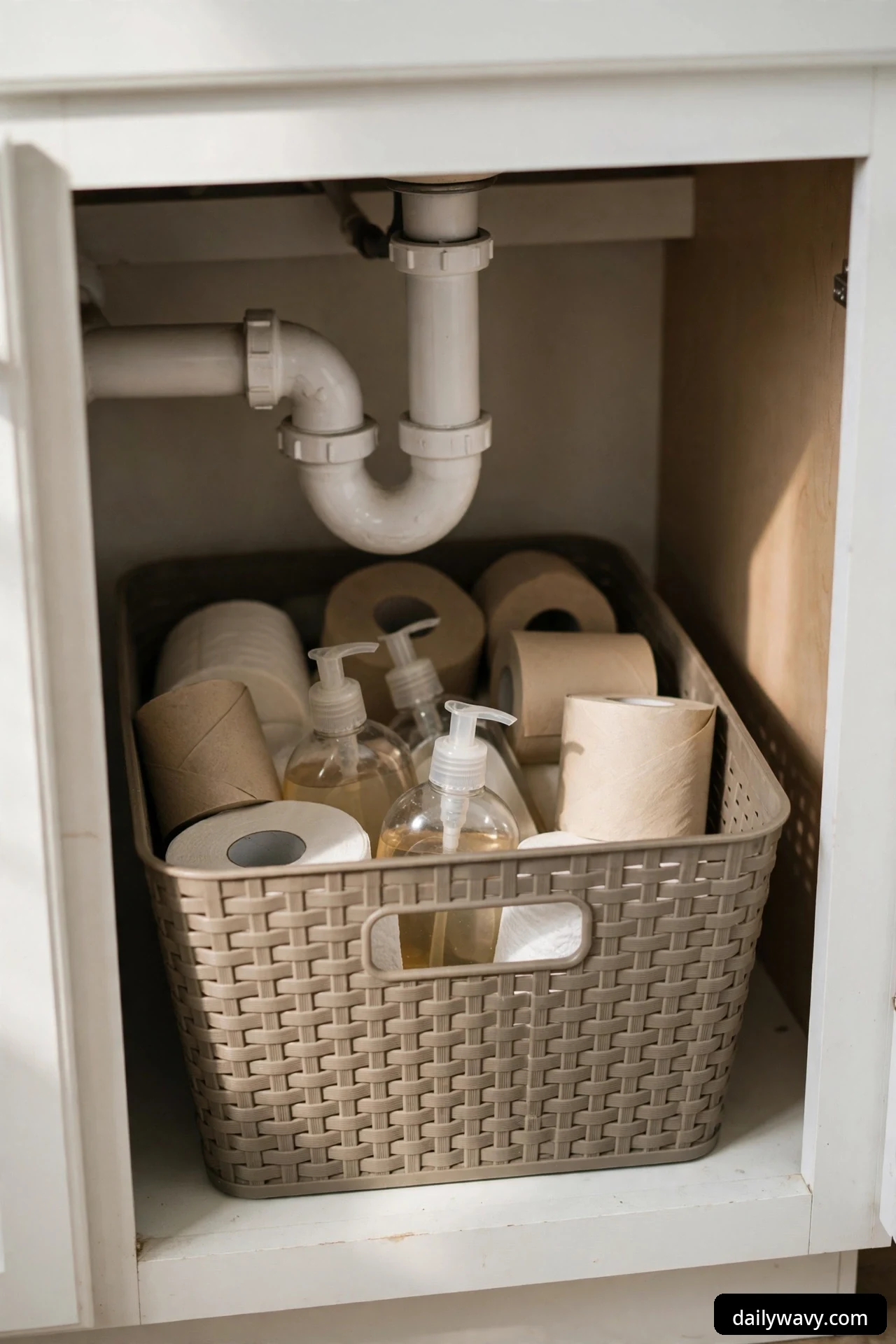 A large low woven-look plastic basket holding toilet paper rolls and clear pump bottles, stored on the cabinet floor under the white drain trap.