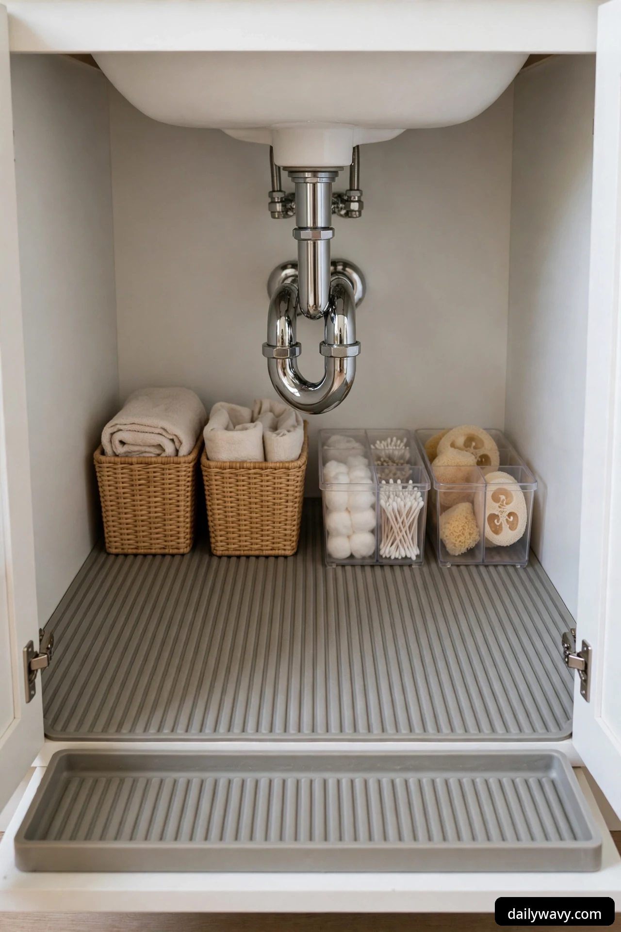 A gray ribbed removable drip tray pulled out from under a bathroom sink, with woven towel baskets and clear compartment bins of cotton balls, cotton swabs and loofahs arranged inside the cabinet.