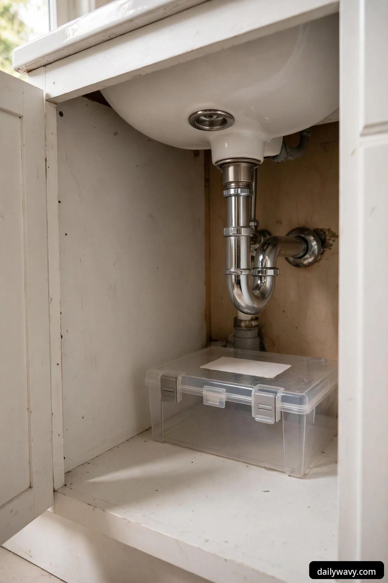 A clear lidded plastic storage box with a blank white label panel on its lid, sitting empty on the cabinet floor beneath the chrome drain pipe of a bathroom sink.