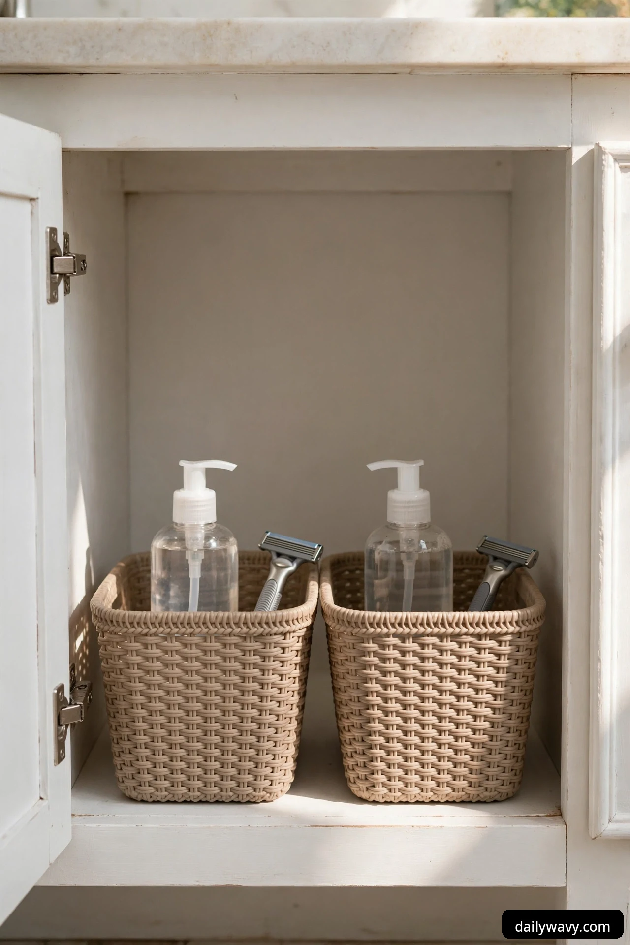 Two matching woven-look baskets side by side in an under-sink cabinet, each holding a clear pump bottle and a razor.