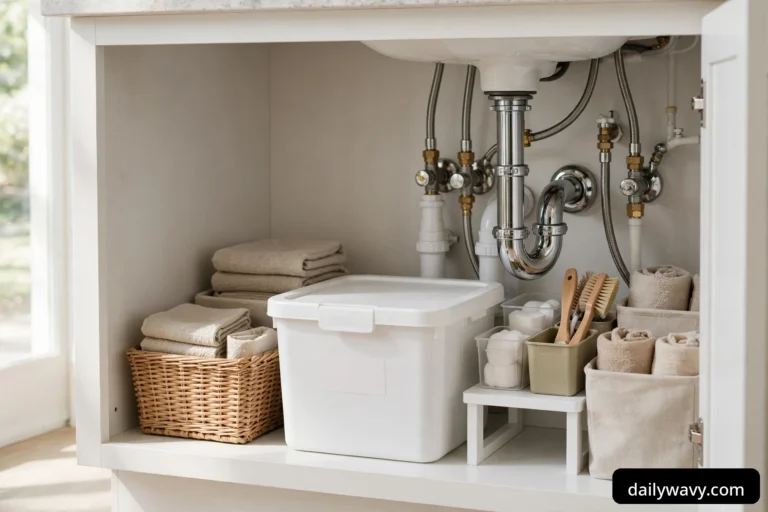 Wide view of a tidy under-sink bathroom cabinet with a white lidded container, folded towels in a wicker basket and fabric bins arranged around the chrome drain trap.