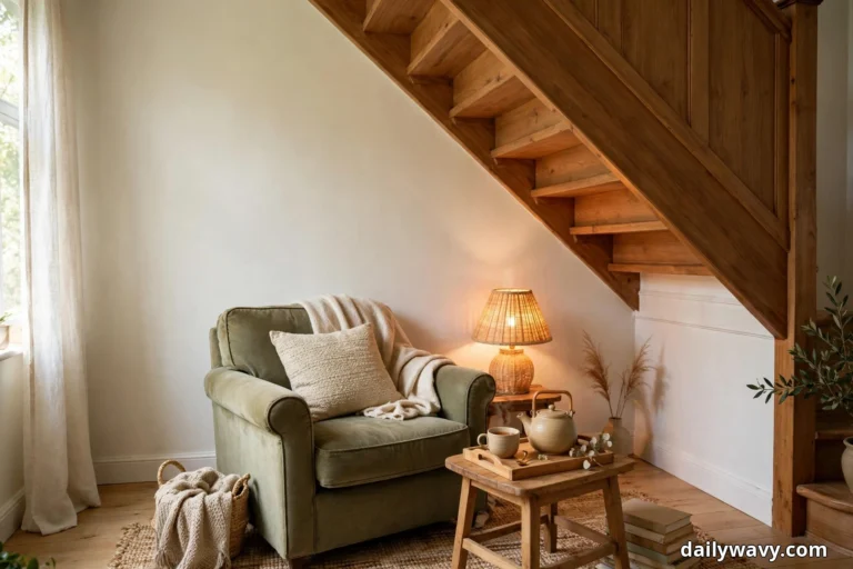A sage green armchair with a cream cushion and a draped cream throw sits under a wooden staircase beside a lit rattan table lamp, with a wooden stool in front holding a tray with a ceramic teapot and cup and a woven basket at the chair's side