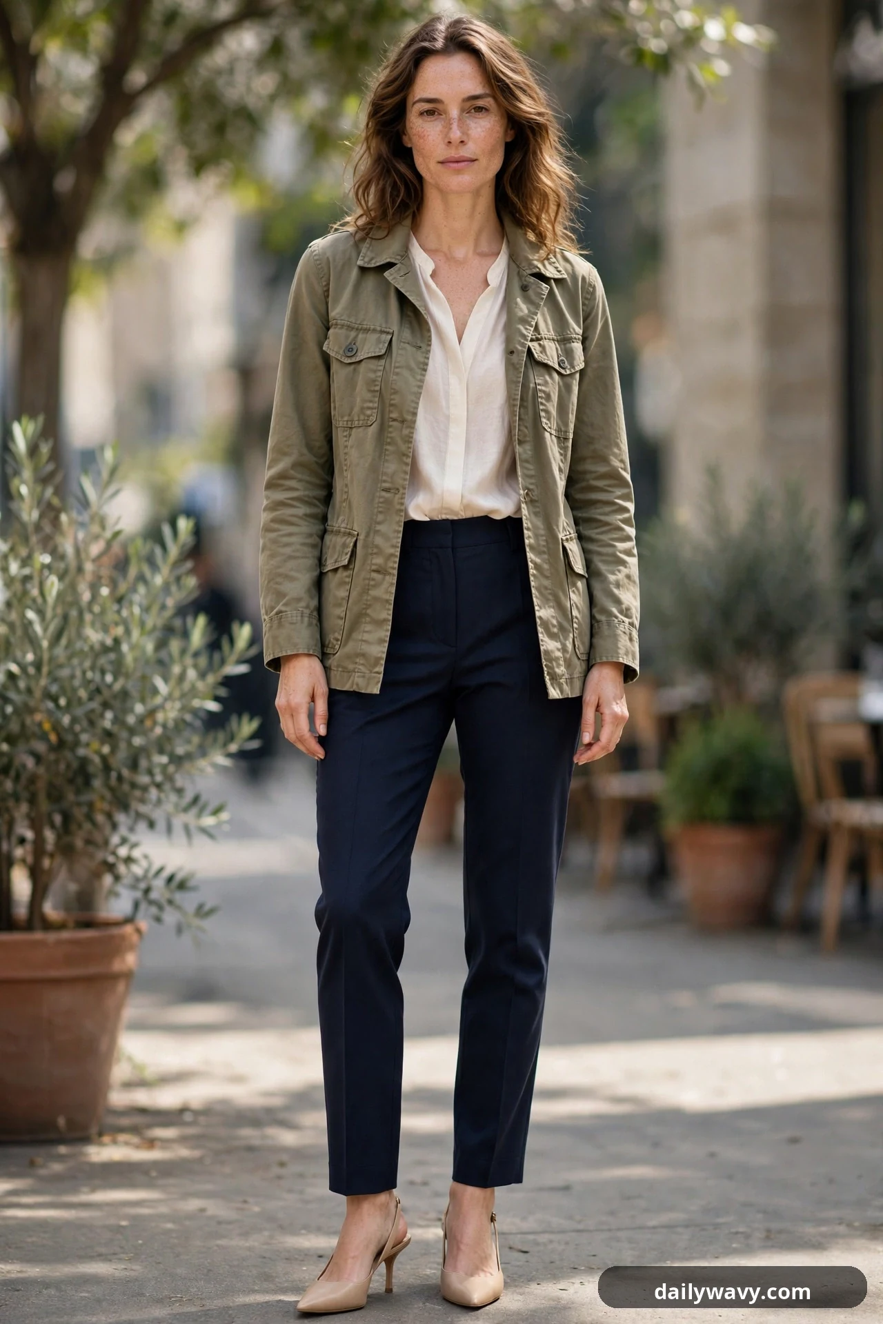 A closer view shows a woman wearing an olive utility jacket open over a cream blouse with tailored navy trousers and nude slingback heels.