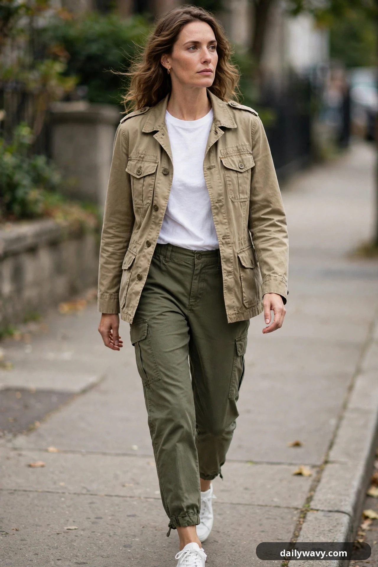 A woman wears a khaki utility jacket open over a white tee with olive cargo trousers and white sneakers.