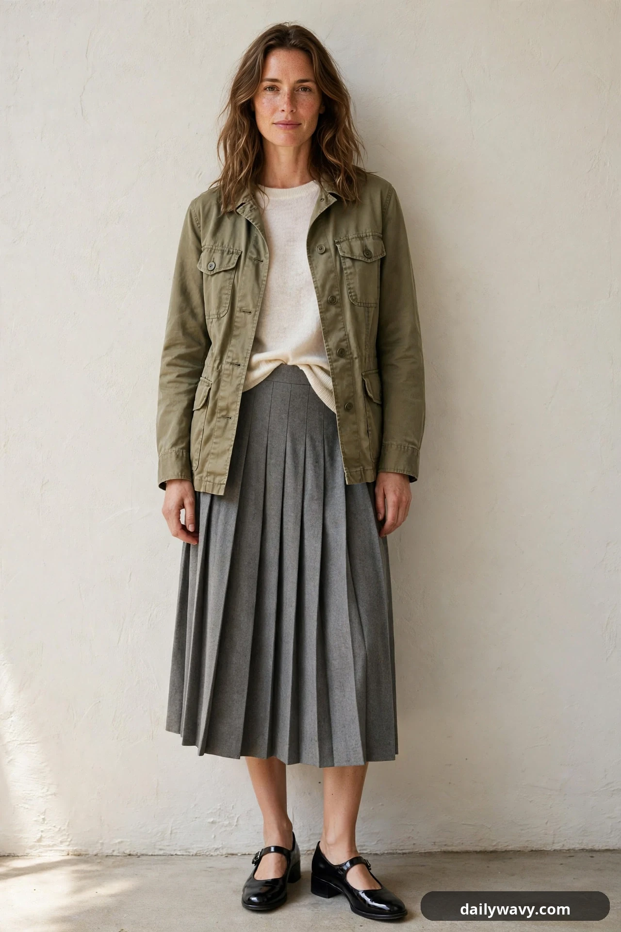 A woman wears an olive utility jacket open over an ivory sweater half-tucked into a gray pleated midi skirt, finished with black Mary Janes.
