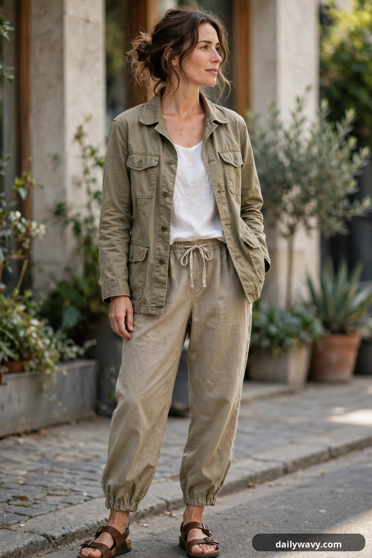 A woman wears a sand utility jacket open over a white linen top with relaxed drawstring trousers and brown leather sandals.