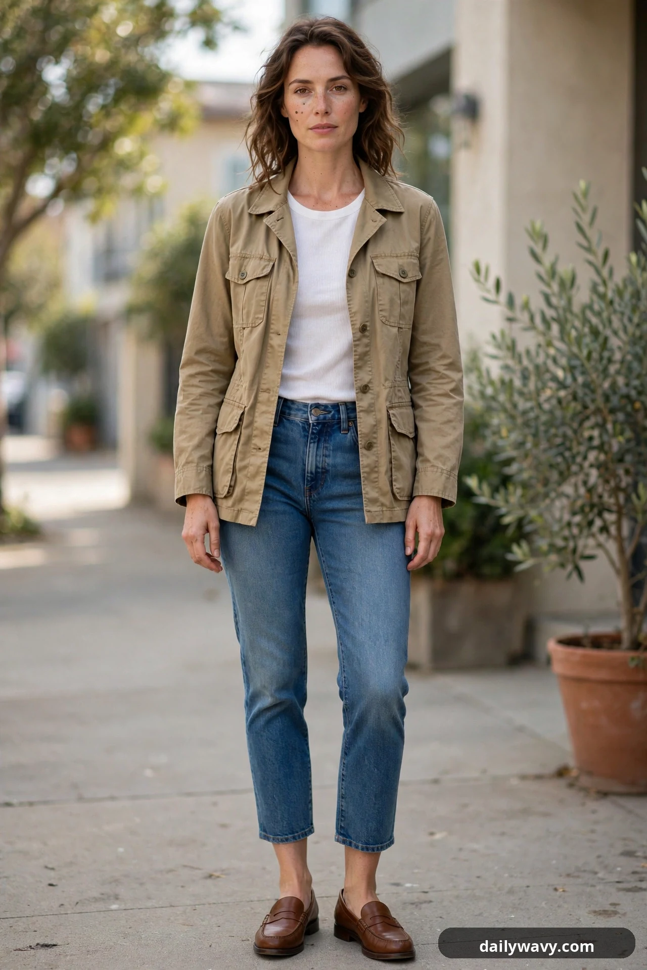 A woman wears a tan utility jacket open over a white ribbed tee tucked into cropped straight-leg jeans, finished with brown leather loafers.