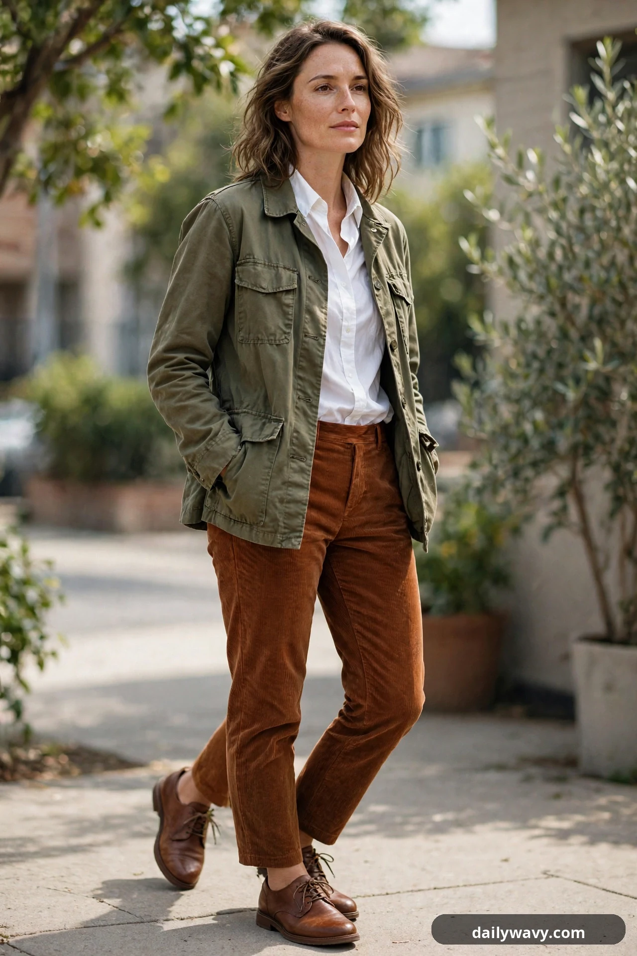 A woman wears an olive utility jacket open over a white button-down shirt tucked into rust corduroy trousers, finished with brown lace-up shoes.