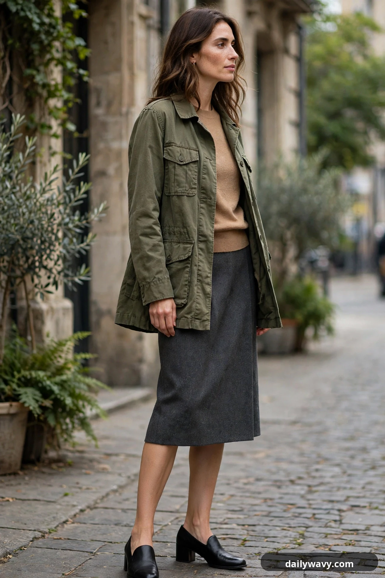 A woman wears an olive utility jacket open over a camel sweater with a charcoal knee-length straight skirt and black low block heels.